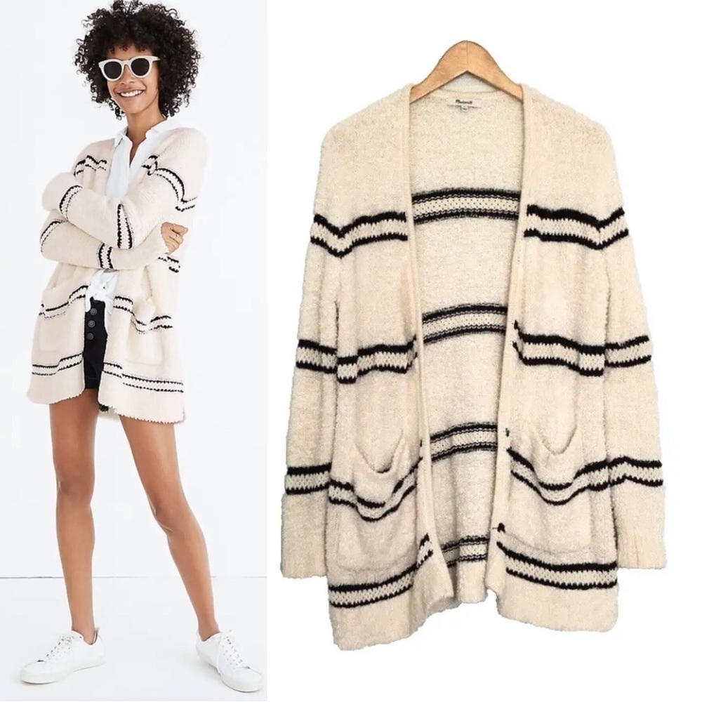 Madewell Striped Bouclé Cardigan Sweater Off White Black *AS IS* Women's Small